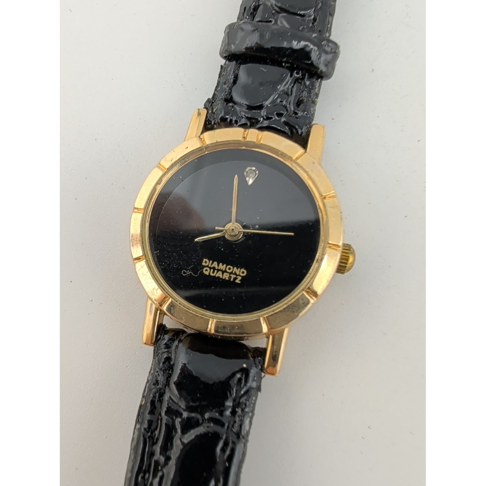 Classic GenuineDiamond Accent Gold Women's Quartz Watch Black Band- New Battery!